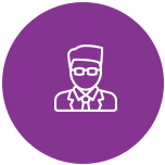 Icône d'un professionnel en costume-cravate et lunettes sur fond violet. Représente un utilisateur ou un profil d'expert.