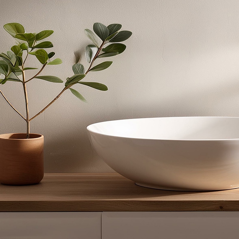 Plante verte en pot terracotta sur comptoir en bois, avec lavabo blanc moderne et mur beige clair. Lumière naturelle.