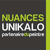 Logo Nuances Unikalo: 'NUANCES' en vert vif, 'UNIKALO' en blanc, 'partenaire du peintre' en blanc et vert sur fond gris foncé.