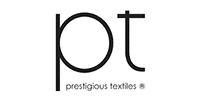 Logo Prestigious Textiles en noir et blanc, affichant les lettres stylisées majuscules PT au-dessus du nom complet en minuscules : "prestigious textiles®".